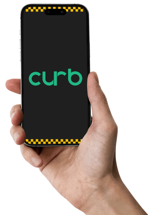 Hand holding a phone displaying the Curb taxi booking app used by Yellow Cab of Charlotte